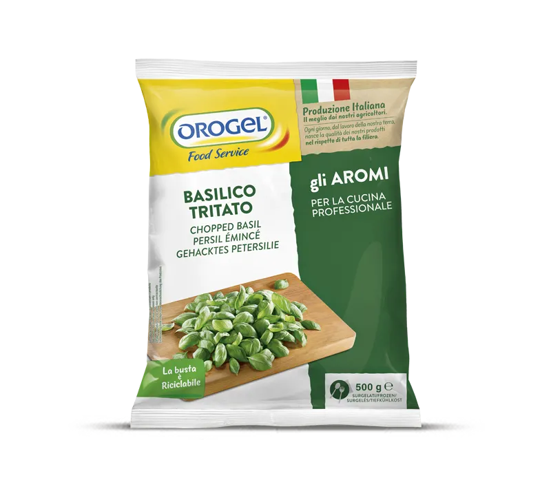 L'immagine mostra un pacco da 500 gr. di Basilico surgelato Orogel
