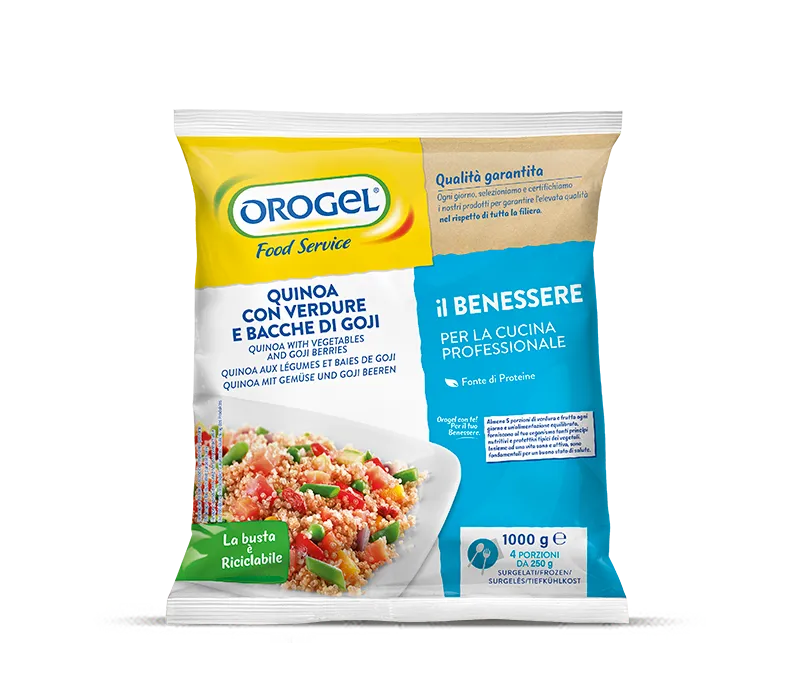 Confezione di Quinoa con Verdure Orogel, un piatto unico sano, leggero e ricco di proteine vegetali.