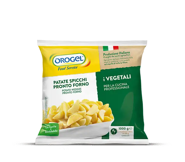 Confezione di Patate a Spicchi Pronto Forno Orogel, croccanti e dorate, facili e veloci da preparare. Confezione da 2500 gr.
