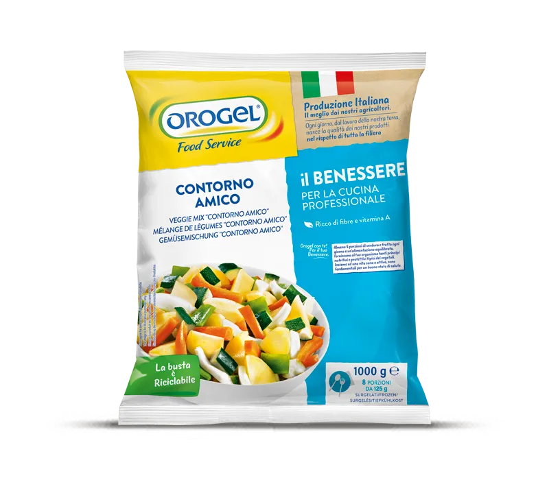 Sacchetto del Contorno Amico Orogel, un mix di cinque verdure per un contorno versatile e gustoso.