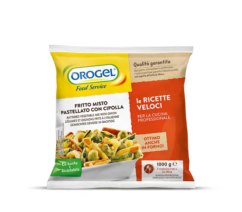 Confezione di Fritto Misto Pastellato Orogel, un assortimento di verdure croccanti per una frittura perfetta.