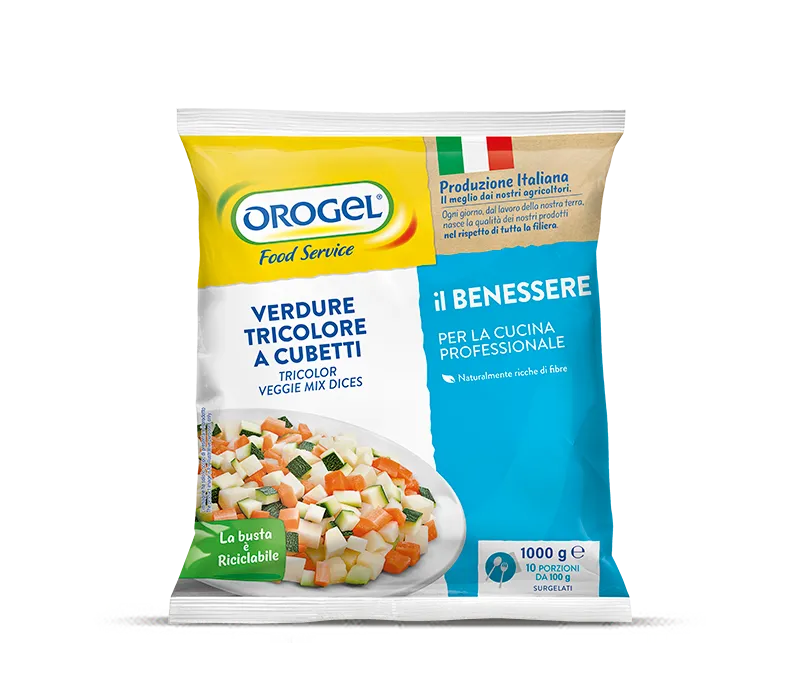 Sacchetto di Verdure Tricolore a Cubetti Orogel, un mix pratico e colorato per arricchire ogni piatto.