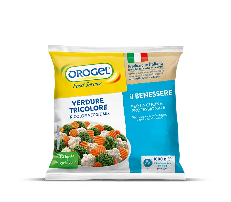 L'immagine mostra una confesione da 1000gr. di Verdure Tricolore - Surgelati Orogel