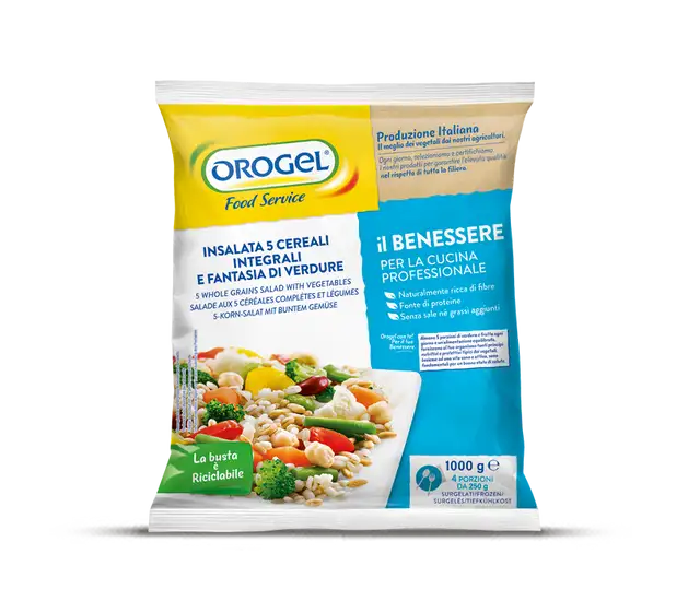 Confezione Insalata ai Cereali Orogel, un mix nutriente di cereali e verdure per un pasto sano.