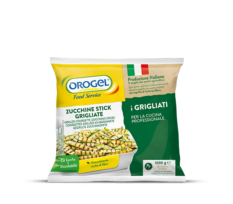 Confezione di Zucchine a Stick Grigliate Orogel, sfiziose e leggere, perfette come contorno o snack.
