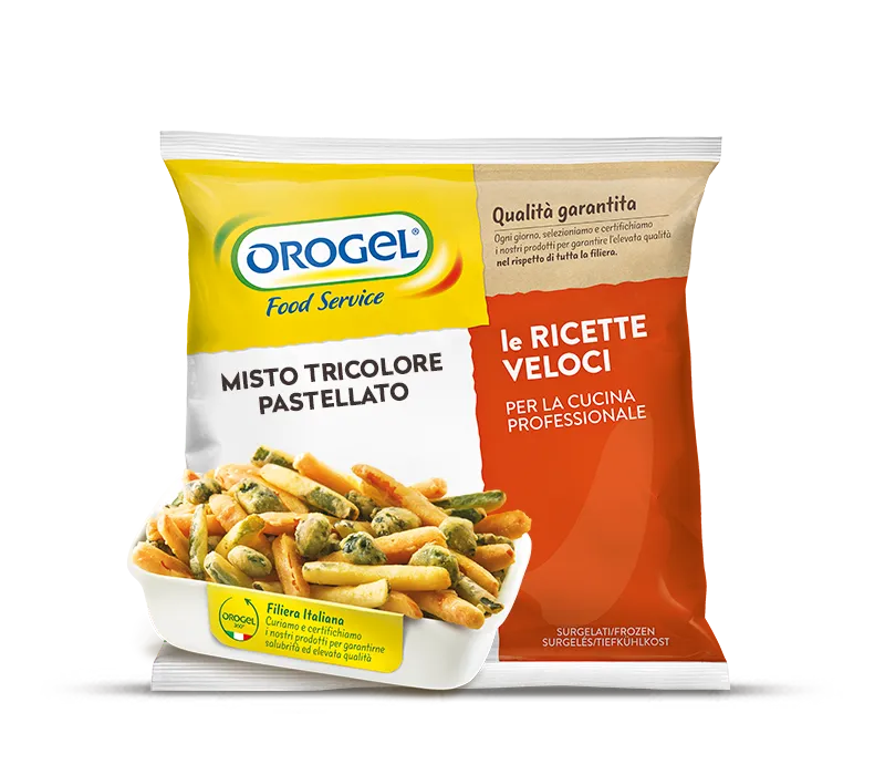 Confezione Misto Tricolore Pastellato Orogel, un mix di verdure croccanti pronte da friggere.