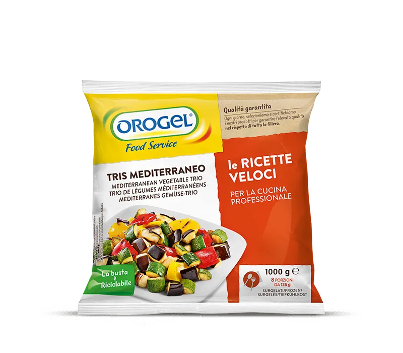 Confezione Tris Mediterraneo Orogel, un mix di verdure tipiche della dieta mediterranea, pronte all'uso.