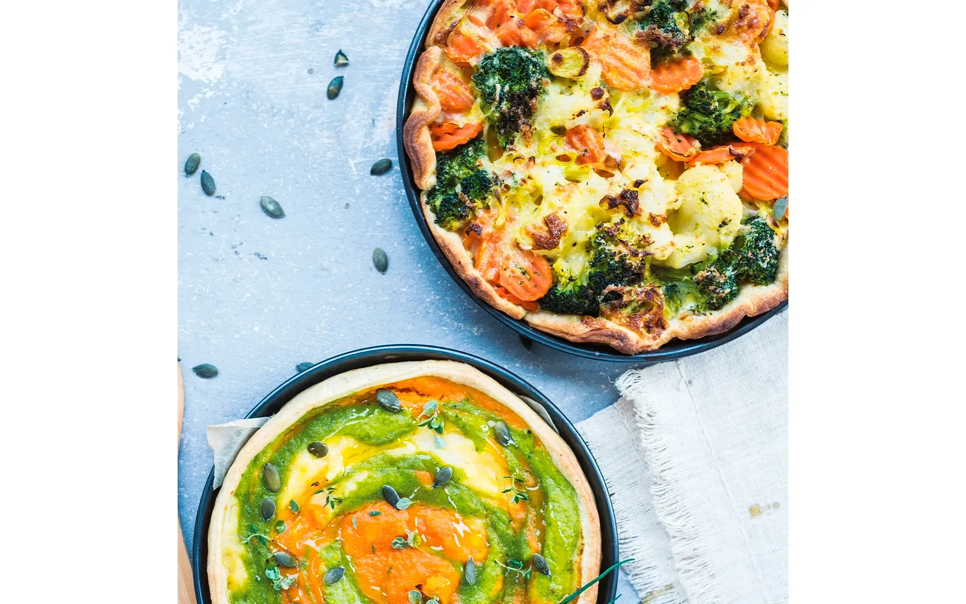Quiche integrale Orogel con Contorno Tricolore: due ciotole per un pasto completo e sano.