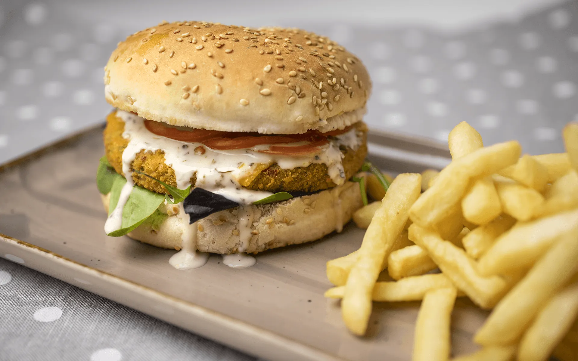 Crispy Burger Orogel panato con cheddar, misticanza, salsa tzatziki e patatine fritte: un pasto ricco.