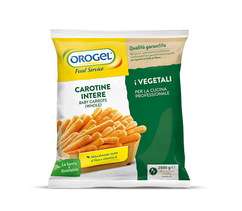 Confezione Carotine Intere Orogel, piccole, dolci e croccanti, ideali come snack o contorno.