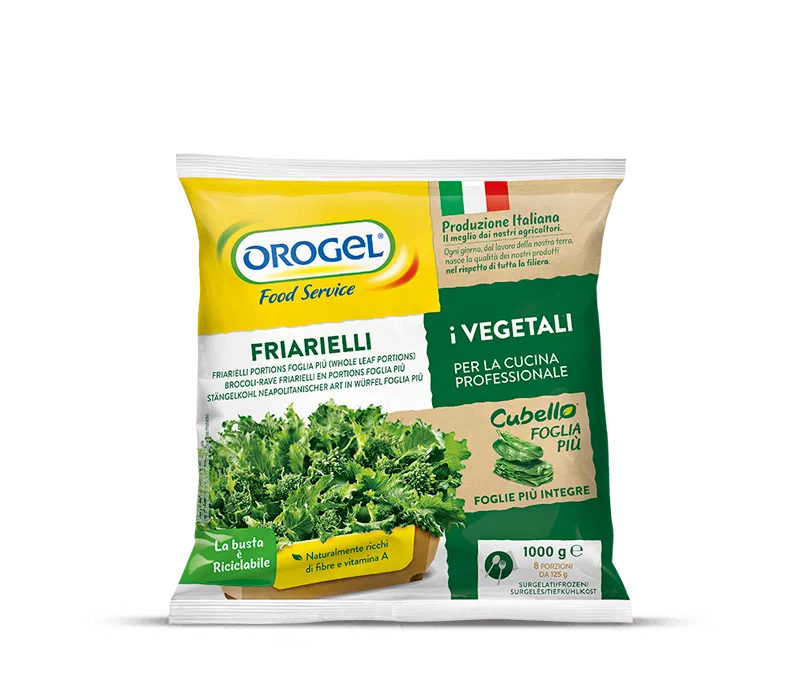 Confezione Friarielli Foglia Più Orogel, qualità superiore per un sapore intenso, con etichetta.