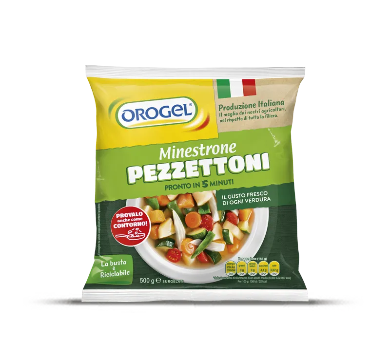 Confezione Minestrone Pezzettoni Orogel, verdure tagliate a pezzi grossi per un sapore rustico.
