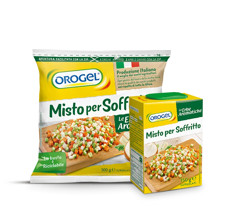 Confezione Misto per Soffritto Orogel, con carote, sedano e cipolla già pronti.