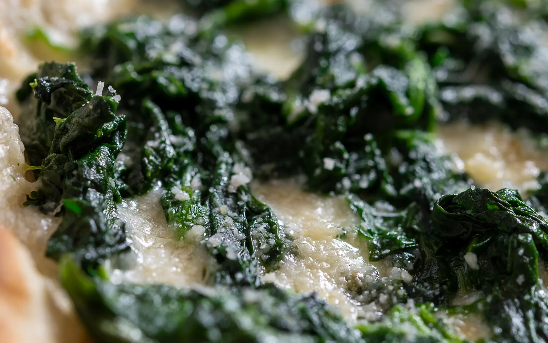Pizza con mozzarella filante, spinaci e parmigiano grattugiato, dal gusto delicato ed equilibrato.
