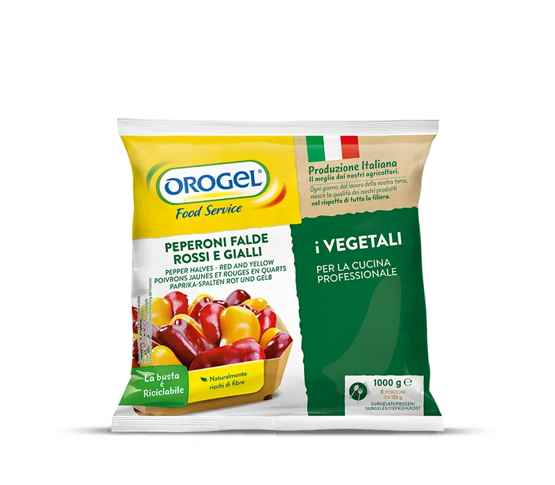 Confezione Peperoni a Falde Rossi e Gialli Orogel, dolci e carnosi, in sacchetto.