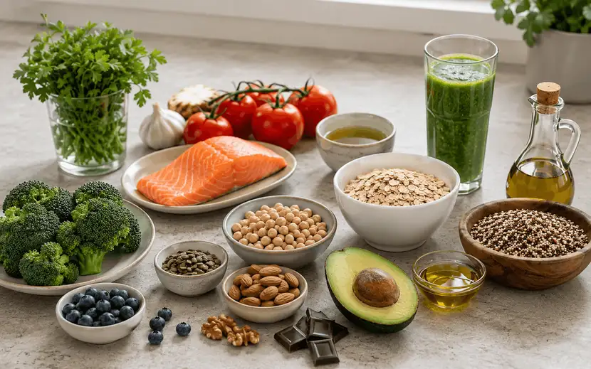 Alimenti funzionali disposti su un piano cucina: broccoli, salmone, avocado, ceci, quinoa, fiocchi d'avena, frutti di bosco, frutta secca, semi, olio extravergine d'oliva e verdure fresche.