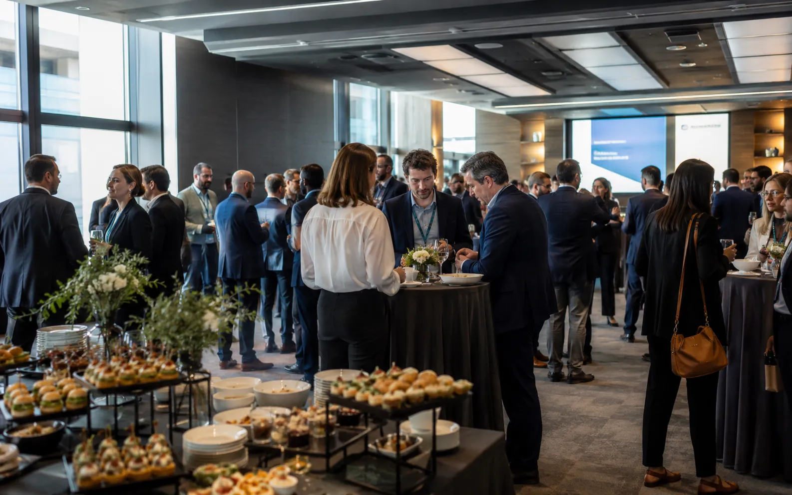 Evento aziendale in una moderna sala conferenze, con professionisti che fanno networking e gustano un ricco buffet di finger food servito dal catering.