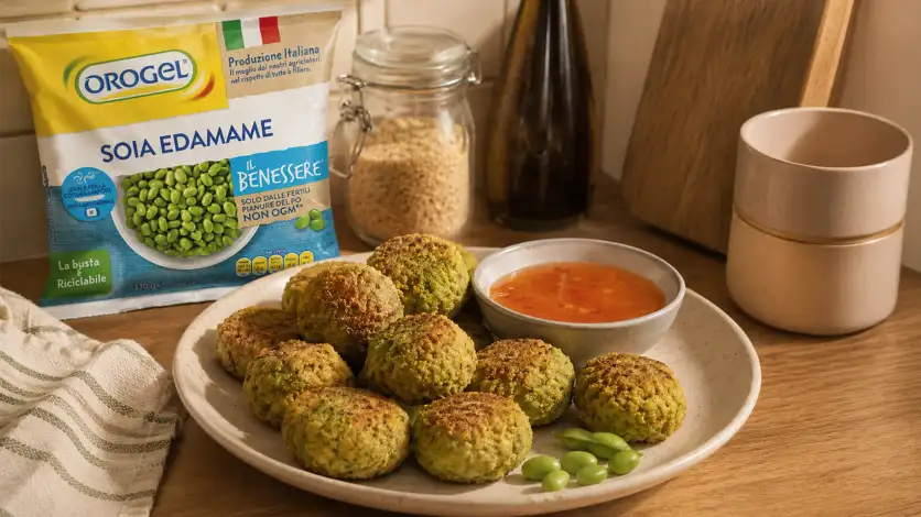 Crocchette di soia edamame Orogel servite con salsa agrodolce su un piatto in una cucina di casa, idea gustosa e semplice per cucinare edamame e portare in tavola un piatto ricco di proteine vegetali.