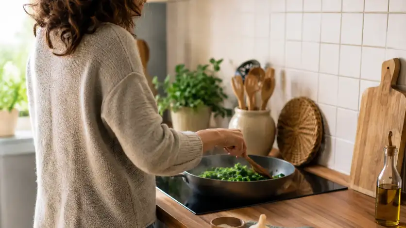 Preparazione dei friarielli in padella in una cucina di casa, con una persona che li salta e li mescola con un cucchiaio di legno.