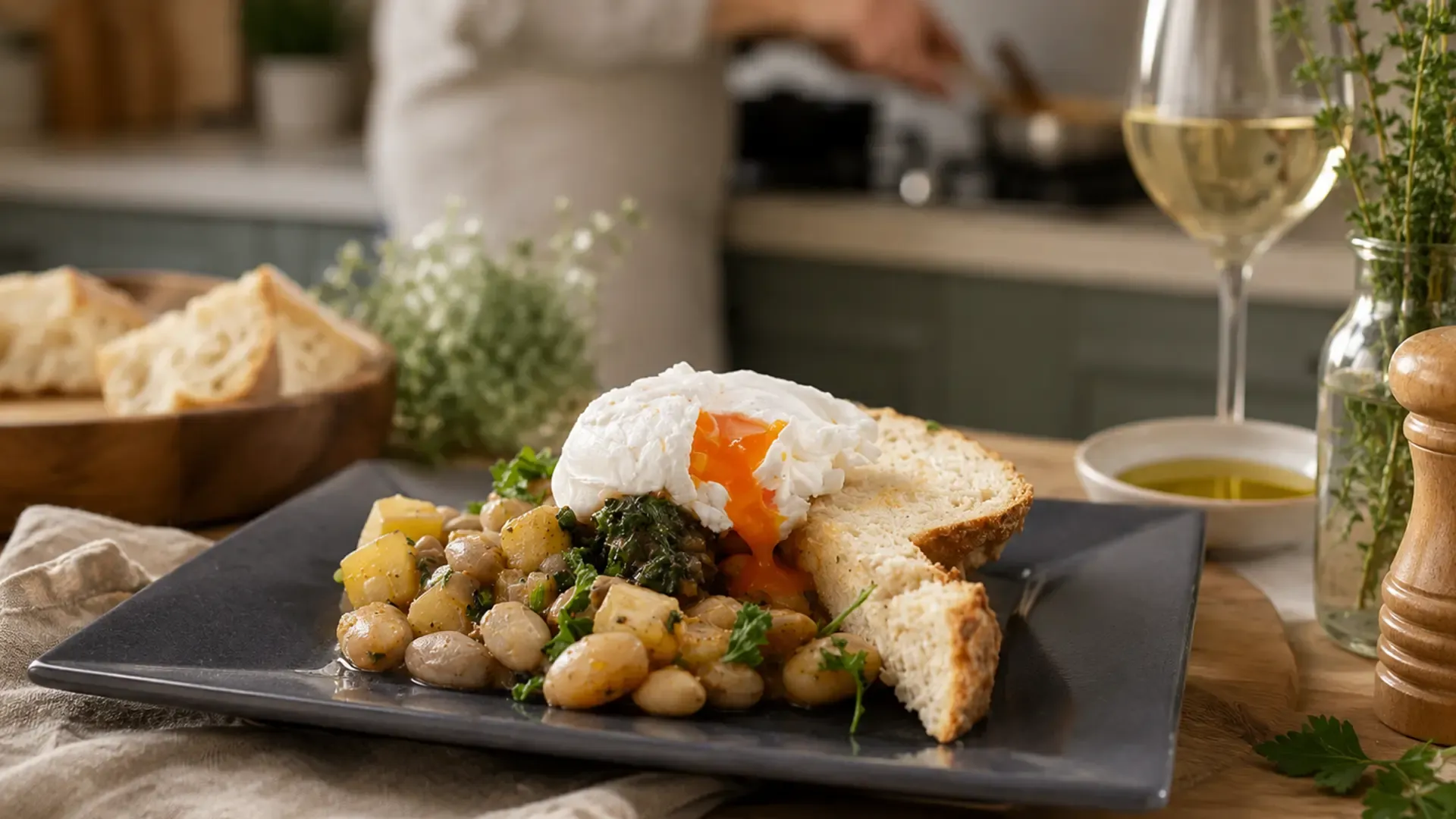 Le uova in camicia con fagioli borlotti, patate e cavolo nero sono una ricetta completa e ricca di gusto, ideale per un brunch.